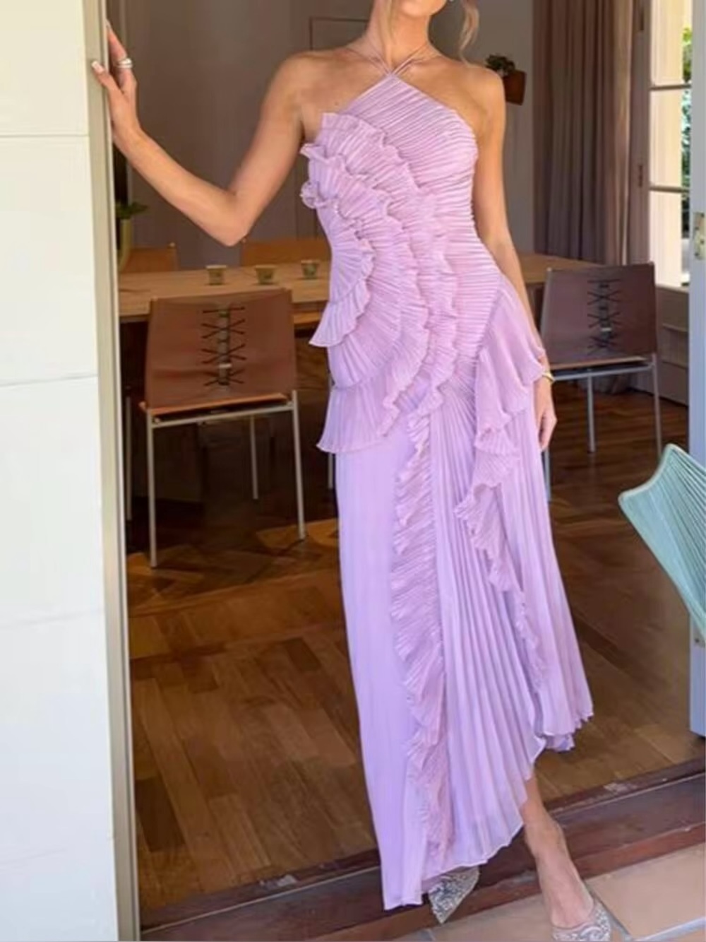 Like New Lavender Cascading Ruffle Halter Asymmetrical Maxi Dress Small